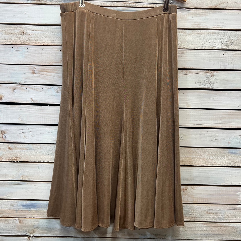 Vintage Chico's Brown Acetate Midi Trumpet Skirt Travelers Gored Flare Size 16 2 - Picture 5 of 6